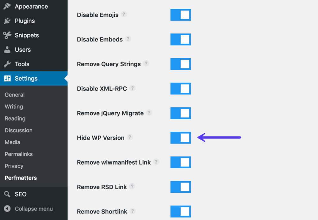 使用Perfmatters隐藏WordPress版本 使用Perfmatters隐藏WordPress版本
