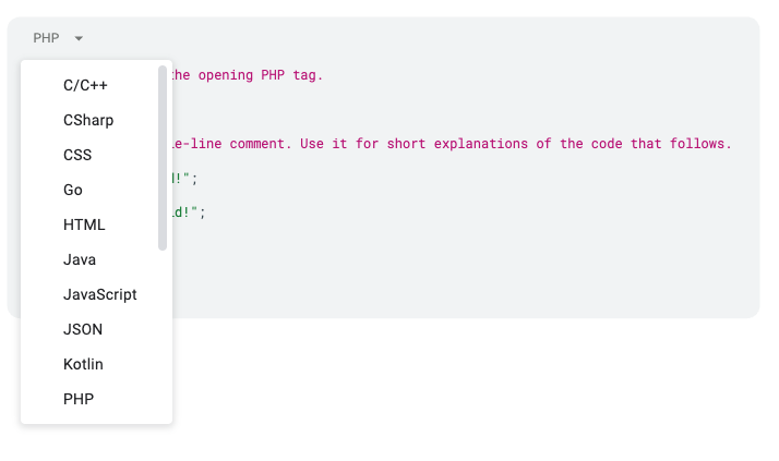 Google Docs 为代码块添加了14种新的编程语言支持